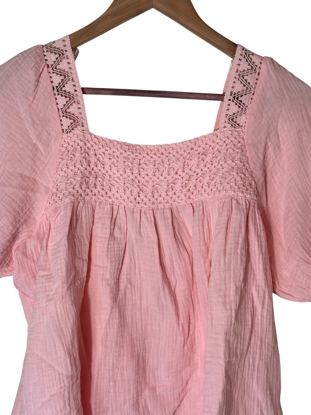HYFVE Pink Gauze Blouse Lace Trim Puff Sleeve Cottagecore Top Medium - Picture 3 of 6